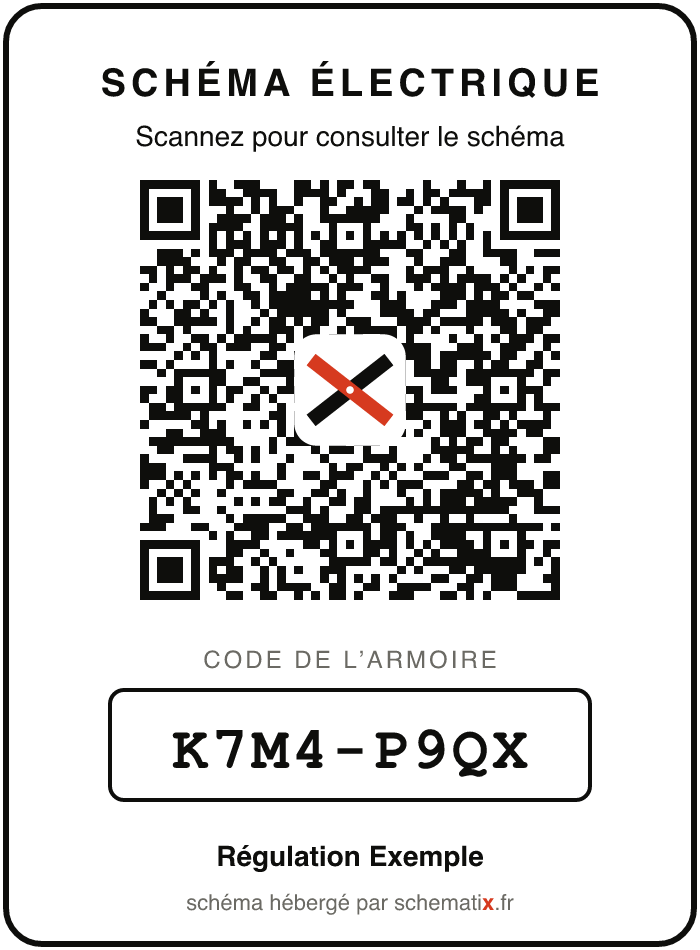 Étiquette à coller sur l’armoire : QR code marqué SchematiX, cadre avec le code de l’armoire, nom de l’entreprise.