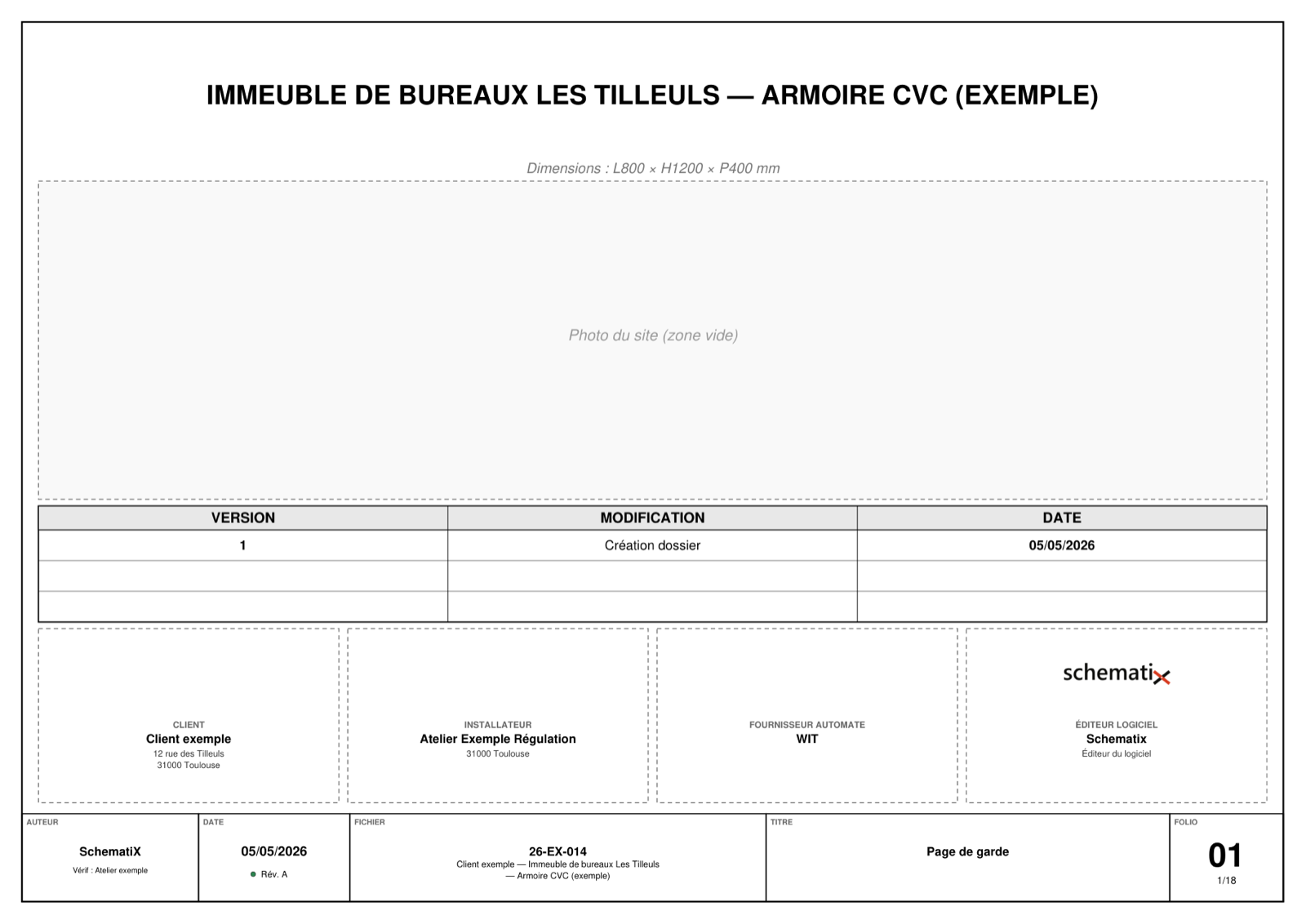 Page de garde du dossier d’exemple : titre de l’affaire, tableau des versions, blocs client, installateur et fournisseur automate, cartouche.